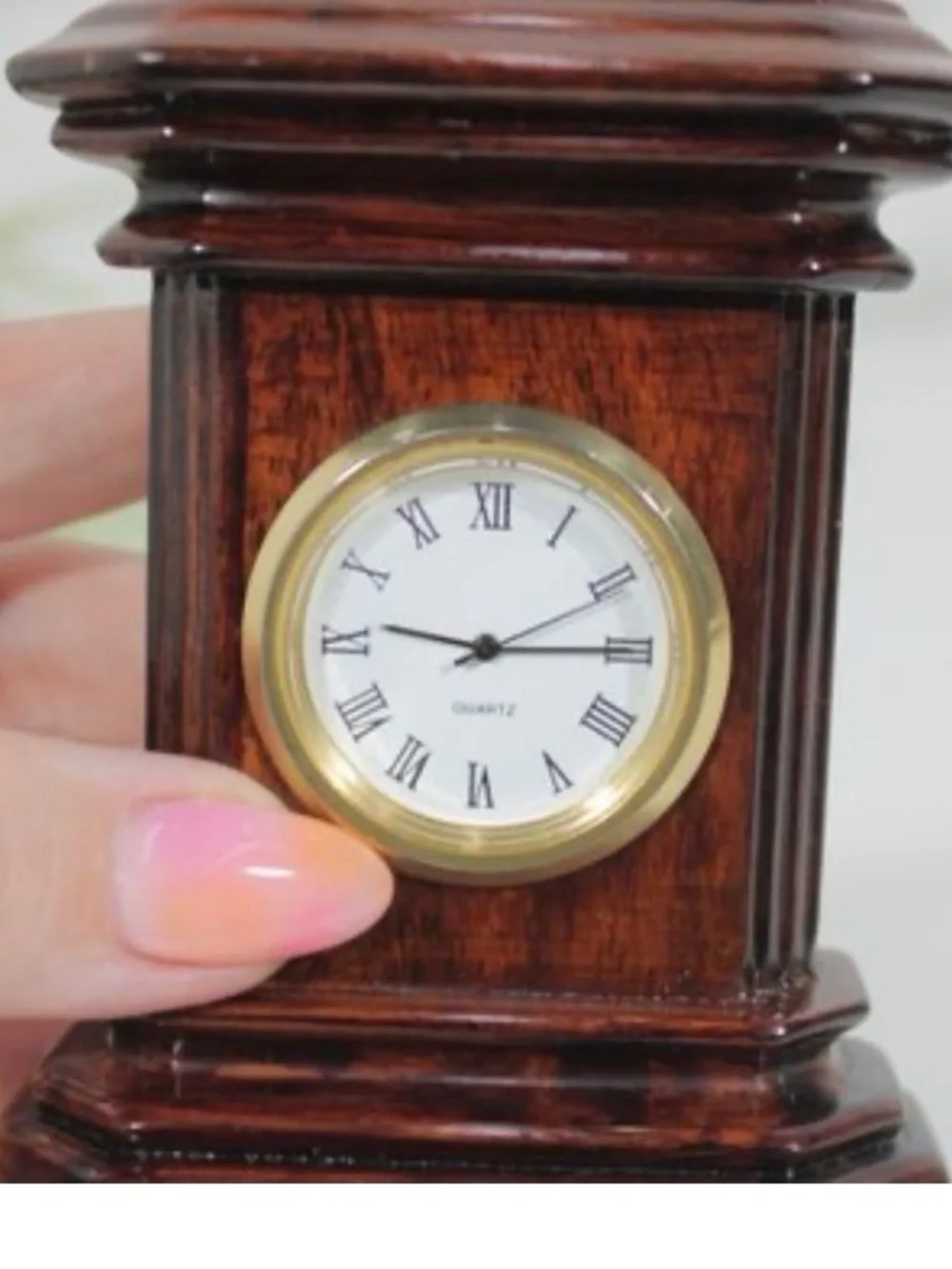 Vintage Miniature Classic Column Wood Mantel Clock 4 inch untested